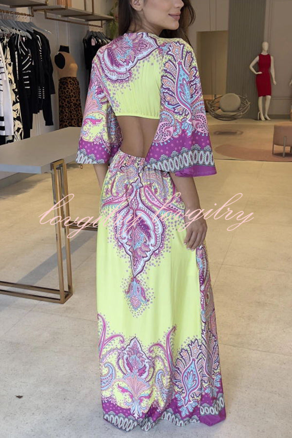 Stand Out and Shine Palace Style Print Bell Sleeve Backless Vacation Maxi Dress