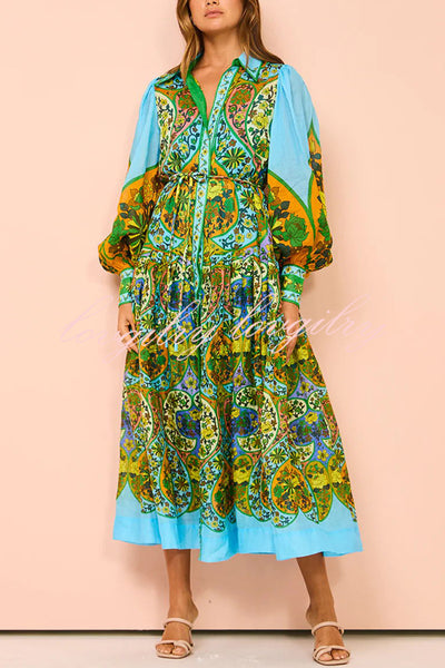 Feeling Butterflies Multi Unique Print Balloon Sleeve Belt Shirt Midi Dress