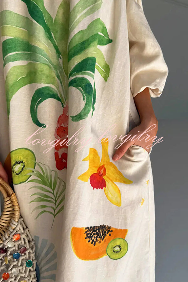 Sunveil Linen Blend Unique Print Puff Sleeve Pocket Strapless Maxi Dress