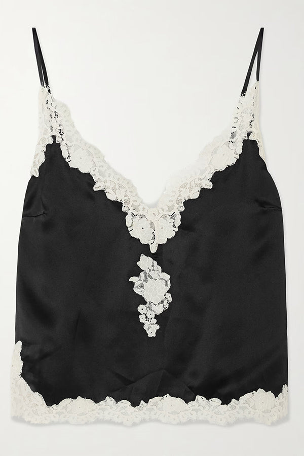 Celebration Look Contrast Color Satin Lace Trim V-Neck Slip Tank