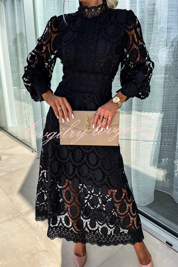 Romantic, Sensual and Elegant Crochet Lace Lantern Sleeve Party Midi Dress