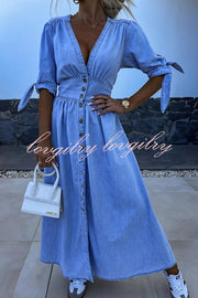 Solid Color V-neck Button-down Denim Midi Dress