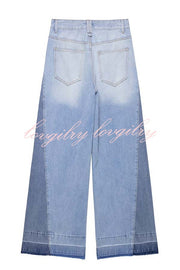 Ellison Denim Side Colorblock High Rise Pocket Wide Leg Jeans