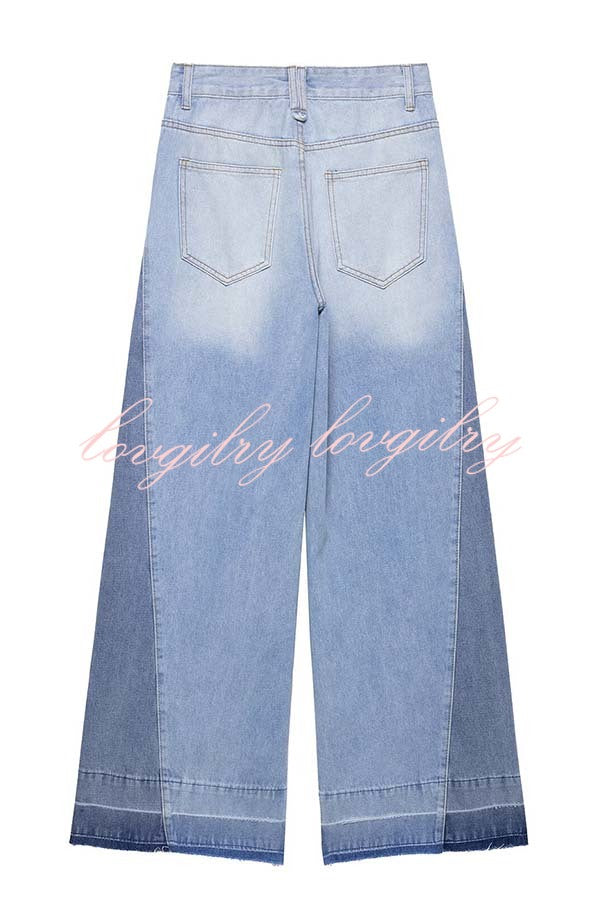 Ellison Denim Side Colorblock High Rise Pocket Wide Leg Jeans