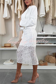 Lesia Floral Lace High Rise Slit Stretch Midi Skirt