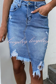 High Waist Ripped Irregular Denim Skirt