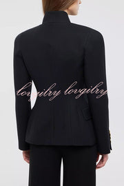Classic Luxury Unique Metal Button Stand Collar Long Sleeve Blazer