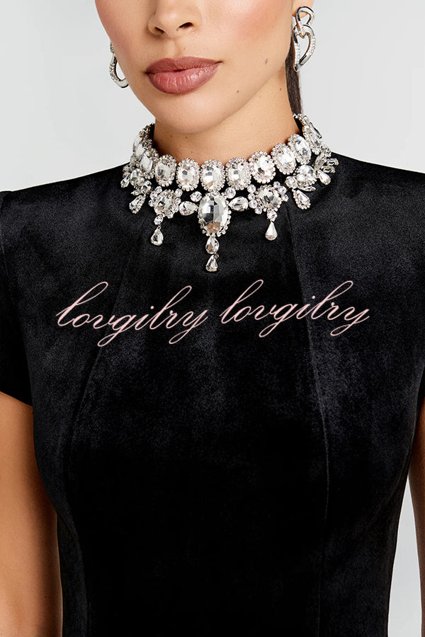 Lucia Luxurious Velvet Jewel-encrusted Turtleneck Short Sleeve Flare Stretch Jumpsuit