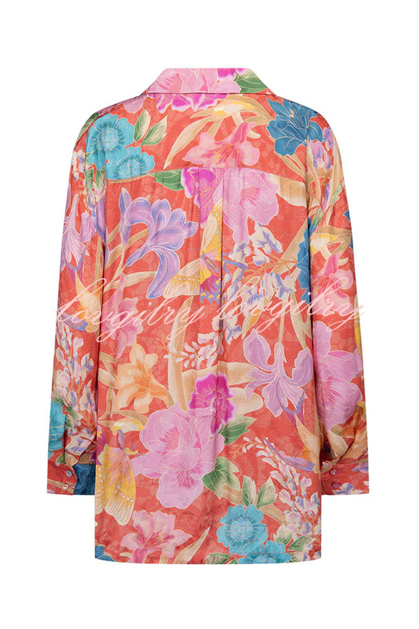 Painter's Garden Boho Floral Print Button Long Sleeve Relaxed Blouse