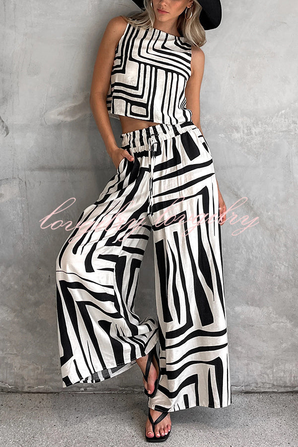 Striped Printed Sleeveless Casual Top and Elastic Waist Loose Pocket Wide-leg Pants Set