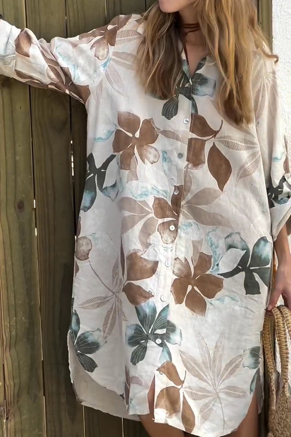 Botanical Print Long-sleeve Pocketed Single-breasted Loose Shirt Style Midi Dress