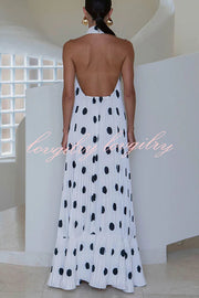 Really Special Pleated Polka Dot Print High Halter Neck A-line Maxi Dress