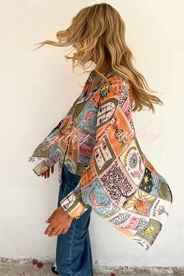 Whimsical Tarot Inspired Print Dolman Sleeve Flowy Shirt and Elastic Waist Wide Leg Pants Set