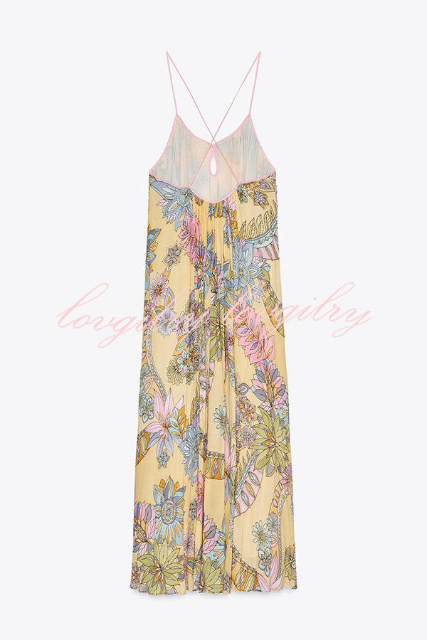 Plant Print Halter Back Loose Holiday Maxi Dress