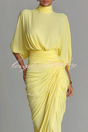 Fashionable High-neck Half-sleeve Waist-cinching Pleated Maxi Dress