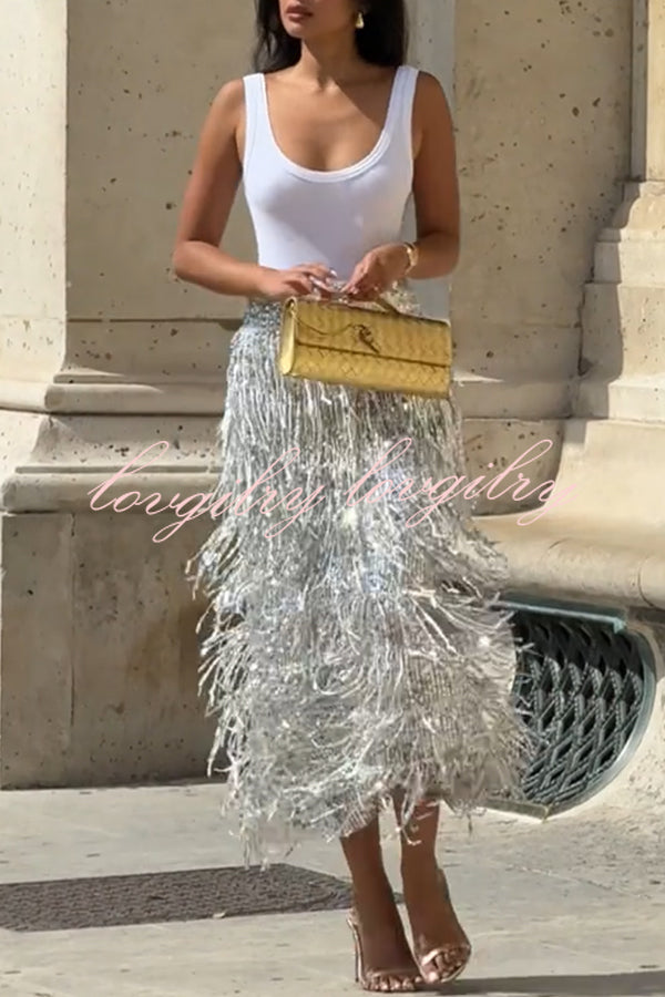 Evening Charm Layered Sequined Tassels High Rise Back Zipper Slit Midi Skirt