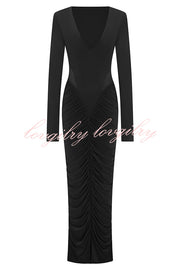 Sexy See-through Long-sleeved V-neck Pleated Slim-fit Maxi Dress