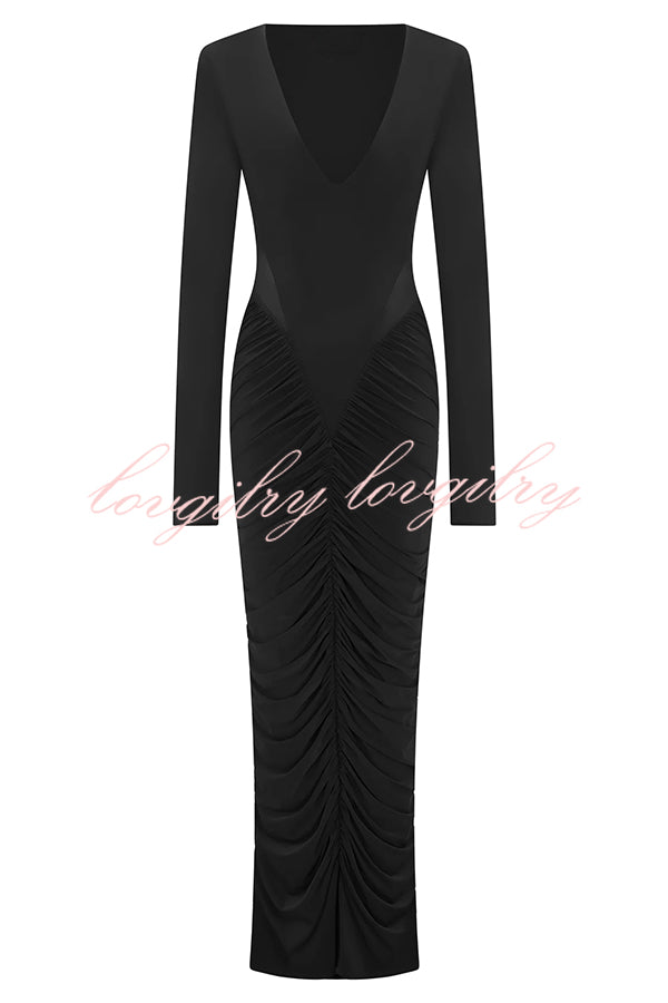 Sexy See-through Long-sleeved V-neck Pleated Slim-fit Maxi Dress