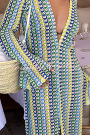 Bondi Beach Knit Colorful Wave Print Long Sleeve Vacation Maxi Dress