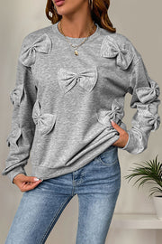 Solid Color Bow Embellished Casual Long-sleeved Loose Sweatshirt