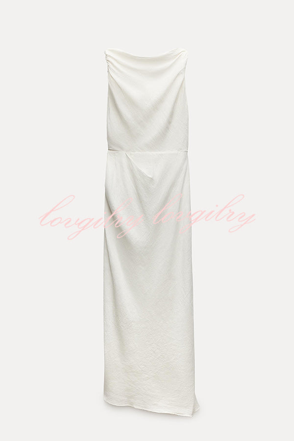 Sculptural Effect Linen Blend Twisted Shoulder Strap Drape Maxi Dress