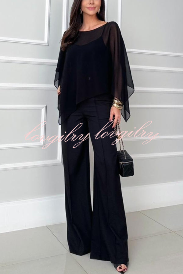 Vanie Chiffon Cape Batwing Sleeve Top and High Waist Pocket Wide Leg Pants Set