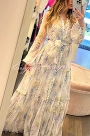 Romantic Provence Lavender Print Button Belt Tiered Shirt Maxi Dress