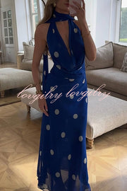 Fashion Polka Dot Print Sexy Halter Neck Backless Maxi Dress