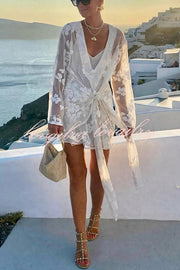 Beach Elegance Floral Lace Long Sleeve Wrap Tie-up Vacation Mini Dress