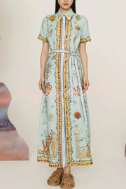 Deep Sea Dreaming Linen Blend Unique Print Short Sleeve Tie-up Shirt Maxi Dress