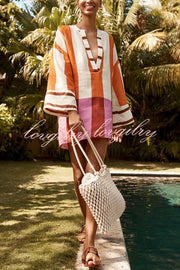 Talah Linen Blend Color Block Print V-neck Long Bell Sleeve Loose Mini Dress