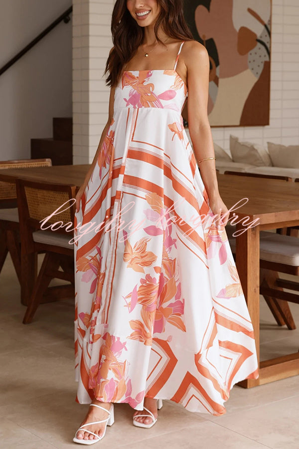 Botanical Print Halter Square Neck Pleated Loose Maxi Dress