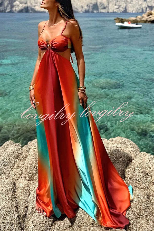 Neon Sunset Printed Metal Decoration Cutout Back Tie-up Vacation Maxi Dress