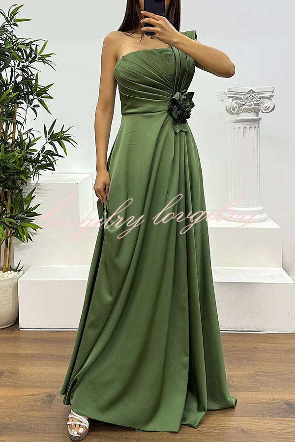 Nasha Satin Pleated One Shoulder Petal Gemstone Detail Pocket Slit Maxi Dress