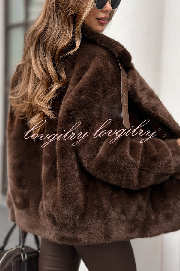 Chill Whispers Belt Buckle Design Long Sleeve Pocket Lapel Plush Coat