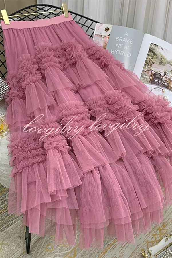 Elegant Mood Tulle Pleated Ruffle Elastic Waist Tiered Midi Skirt