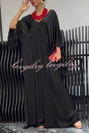 Satin Solid Color V-neck Lotus Leaf Sleeve Loose Pleated Maxi Dress