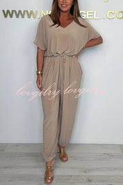 Solid Color V-neck Short-sleeved Waist-tied Loose Casual Jumpsuit