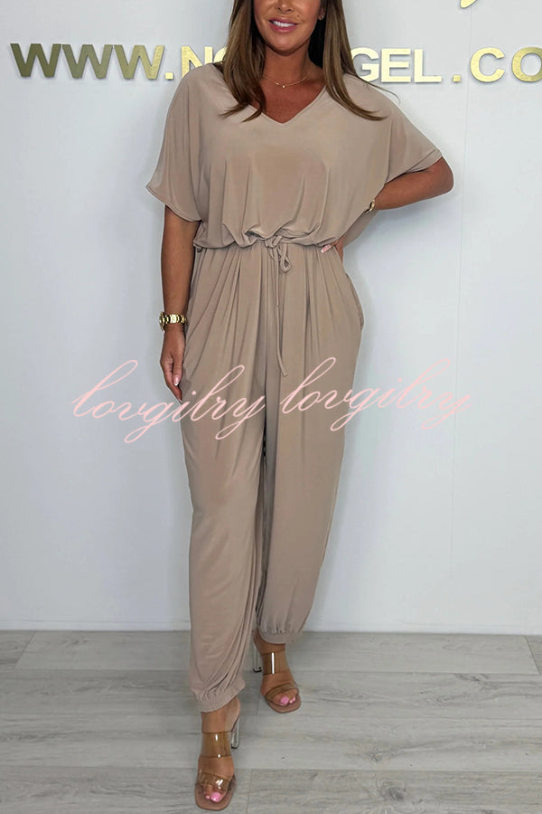 Solid Color V-neck Short-sleeved Waist-tied Loose Casual Jumpsuit