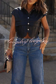 Stylish Weekend Faux Leather Button Up Cape Sleeve Pocket Crop Top