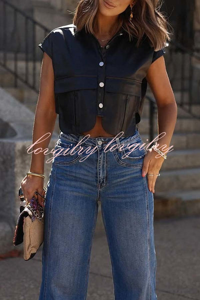 Stylish Weekend Faux Leather Button Up Cape Sleeve Pocket Crop Top