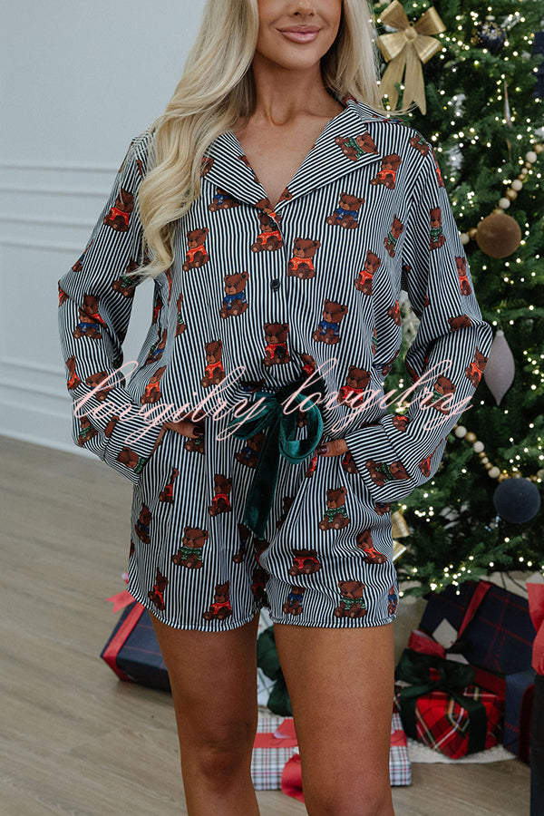Teddy Bear Satin Striped Short Sleeve Shirt and Velvet Elastic Waist Pocketed Pajama Set