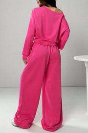 Solid Color Loose Long-sleeved Short Top and Elastic Waist Casual Pocket Wide-leg Pants Set