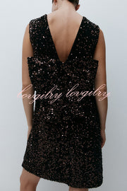 Glam Season Velvet Sequin Back Oversized Bow Design Sleeveless Loose Mini Dress
