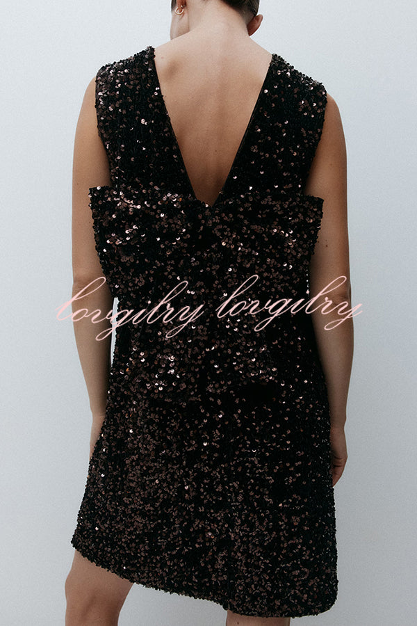 Glam Season Velvet Sequin Back Oversized Bow Design Sleeveless Loose Mini Dress