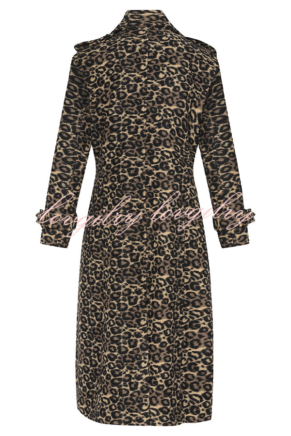 Leopard Affair Animal Print Epaulettes Long Sleeve Pocketed Lapel Midi Trench Coat