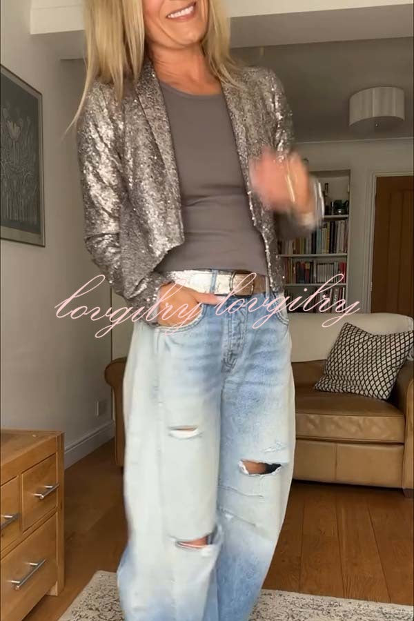 A Shining Day Sequin Long Sleeve Cropped Lapel Jacket