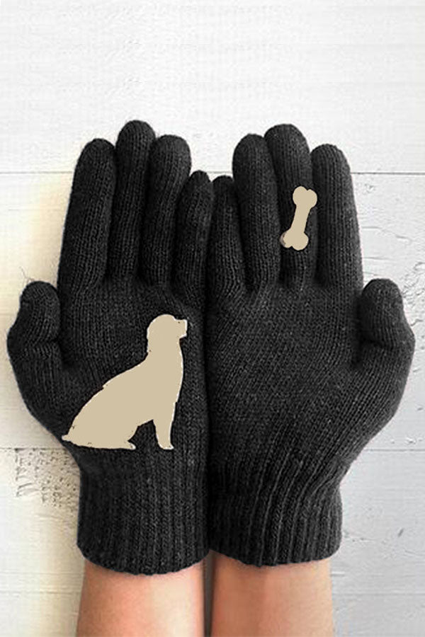 Printed Knitted Gloves Short Thickened Warm Finger Gloves-Dog