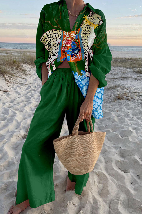 Leopard Floral Print Oversized Shirt and Elastic Waist Pocket Pants Set