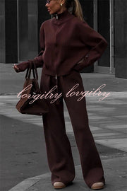 Effortlessly Stylish Ribbed Zipper High Neck Sweatshirt and Elastic Waist Pocketed Loose Pants Set